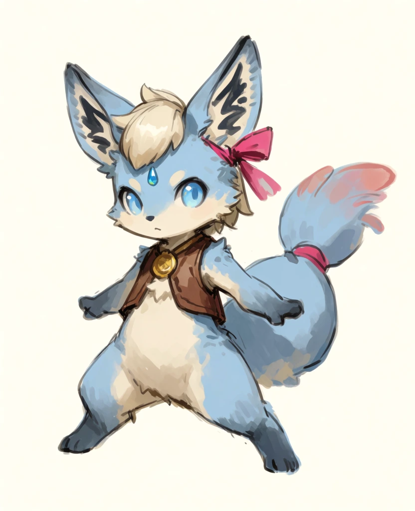 A small, anthropomorphic fox-like creature stands in a dynamic, wide-legged pose against a plain, off-white background. The character has soft, light blue fur across its limbs, back, and the sides of its face, which transitions into a cream-colored underbelly and chest. Its large, expressive eyes are a bright, crystalline blue, and a small, teardrop-shaped blue gem is embedded in its forehead. A thick tuft of pale blonde hair sits atop its head between two large, pointed ears that feature intricate black and gray markings on their inner surfaces. A single pink ribbon is tied to the base of its right ear. The creature wears a short, brown leather-like vest adorned with a gold circular medallion at the collar. Its large, bushy blue tail curves upward behind it, secured by a pink band near the base and featuring soft, pinkish-red highlights at the feathered tips. The artistic style is a digital painting with a loose, sketchy quality, utilizing visible brushstrokes and a watercolor-like rendering technique. The lighting is soft and even, casting subtle shadows on the character’s form to provide a sense of volume. The composition is a full-body character study centered in the frame, focusing on its stylized, "kemono" design.