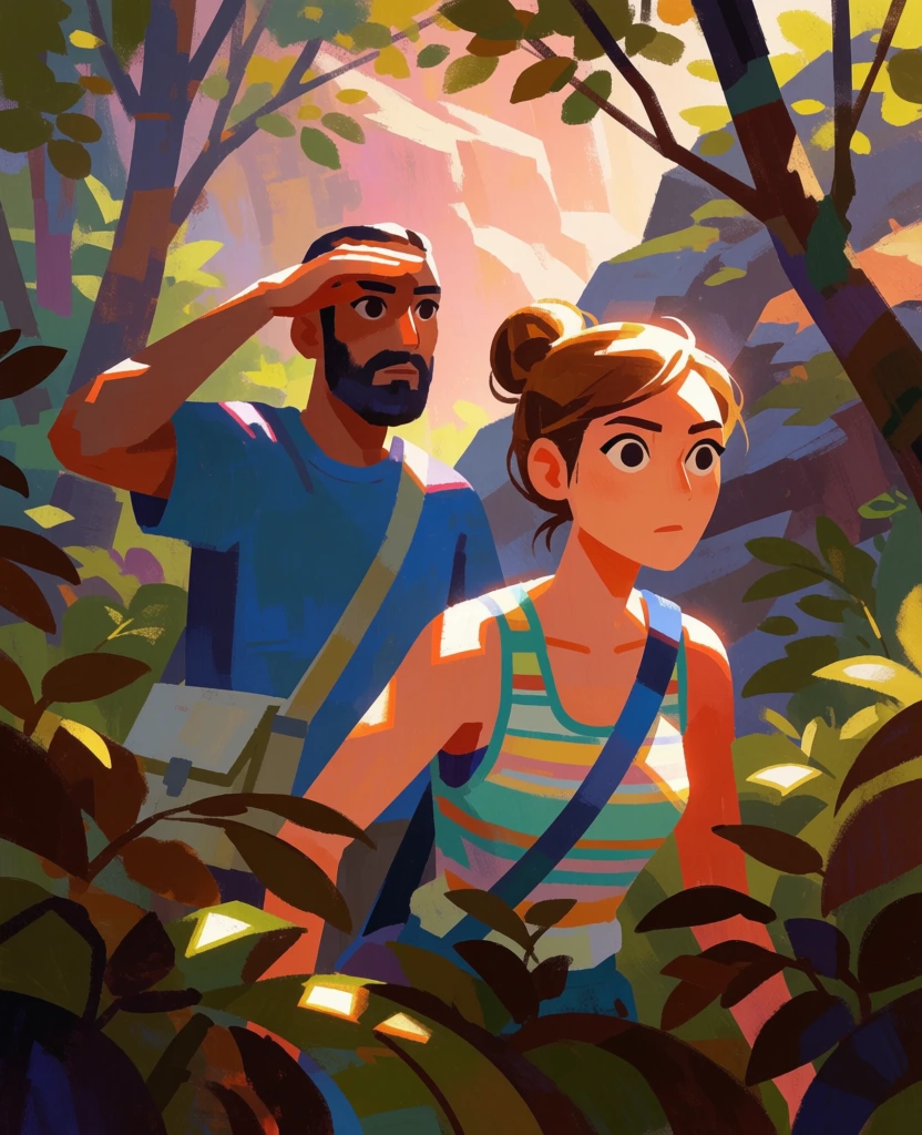 A man and a woman navigate through a dense, sun-dappled forest with alert expressions, their gazes fixed on something out of frame to the right. In the foreground, the woman features light brown hair tied into a neat bun and large, wide eyes; she wears a tank top with horizontal stripes in shades of teal, yellow, and white, and a blue bag strap crosses over her shoulder. Positioned slightly behind her to the left, a man with a dark beard and short hair wears a solid blue t-shirt and a light-colored messenger bag. He raises his right hand to his forehead as if to shield his eyes from the light while peering into the distance. The pair is enveloped by lush, stylized foliage composed of dark green and brown leaves that frame the bottom and sides of the scene. Bright sunlight filters through the overhead canopy, casting sharp, geometric highlights across the subjects' skin and clothing, creating a high-contrast interplay between warm, golden light and deep, cool shadows. The background suggests a rocky terrain or a cliffside amidst the trees, bathed in a soft, hazy glow of pink and orange light. This digital illustration employs a painterly style with visible, blocky brushstrokes, emphasizing a vibrant color palette and a dramatic lighting environment that highlights the rugged nature of the wilderness.
