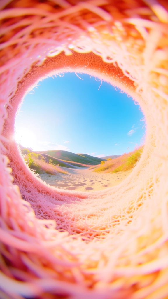low angle internal pov through a circular opening, extreme fisheye lens distortion, vibrant and saturated colors, soft diffused summer light, framing the shot with an archway of thick pinkish fibrous material in the foreground, out-of-focus granular textures, looking through to a sharp sand path and rolling hills under a clear blue sky, surreal and playful perspective, high-key lighting, cinematic wide-angle composition, dreamy summer aesthetic.