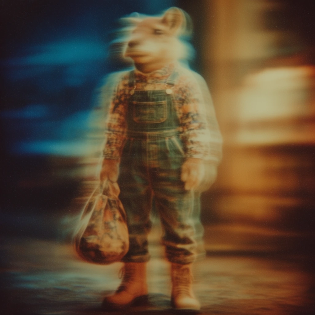 An anthropomorphic animal wearing overalls, a patterned shirt, and boots holding a bag, captured with intense horizontal motion blur and a slow shutter speed effect. The animal's form is heavily smeared and ghosted, creating ethereal, glowing halos around its silhouette as it grips the bag. The intricate details of the patterned fabric, overalls, and footwear are stretched laterally into impressionistic, soft-focus bands of color. The surrounding environment is an abstracted blur of ambient light, sharply divided into contrasting thermal zones featuring deep, cool teals and navy blues clashing with warm, artificial amber and sepia tones. The aesthetic is heavily processed to resemble vintage color film photography, saturated with dense cinematic film grain, continuously softened edges, and a moody, low-light atmosphere that transforms the subject into a fleeting, cinematic streak.