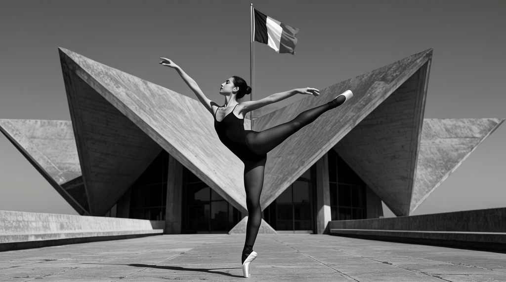 black and white photograph, ballerina en pointe in an arabesque pose wearing dark leotard and tights, sharp geometric brutalist concrete architecture, angular star-shaped pavilion, waving tricolor flag, high contrast sunlight