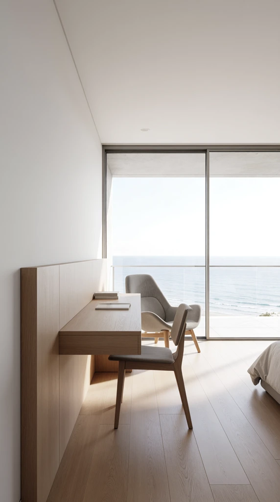 minimalist bedroom interior, light wood desk integrated into half-wall headboard, grey lounge chair, floor-to-ceiling sliding glass doors, balcony overlooking calm ocean, bright natural daylight