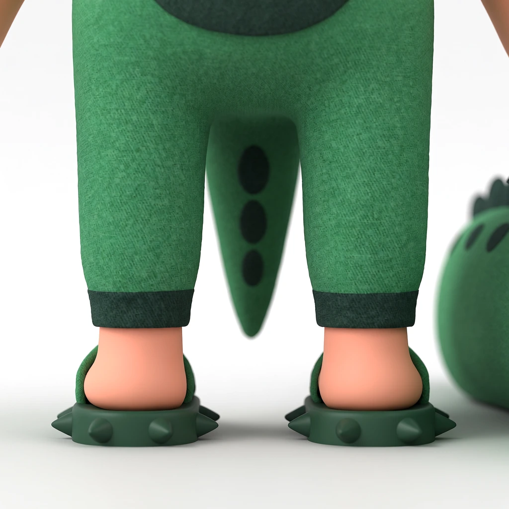 A low-angle close-up of a 3D character's lower legs in a textured green dinosaur costume against a white background. Green fabric pants with dark cuffs meet smooth peach ankles in thick-soled green spiked sandals. A pointed green tail with dark oval scales hangs between the legs. Soft lighting highlights the fabric weave, with a blurred green object on the smooth floor to the right.