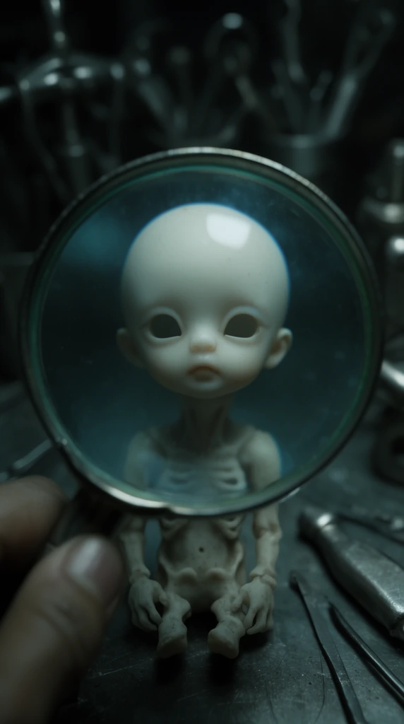 A pale, bald humanoid doll is viewed through a large magnifying glass held by a hand, distorting its smooth head and hollow eyes. The small, skeletal figure rests on a dark metallic surface. Captured in a cinematic close-up with a cool teal palette, blurred metallic tools fill the shadowy background, emphasizing an eerie, surreal macro-photography aesthetic.