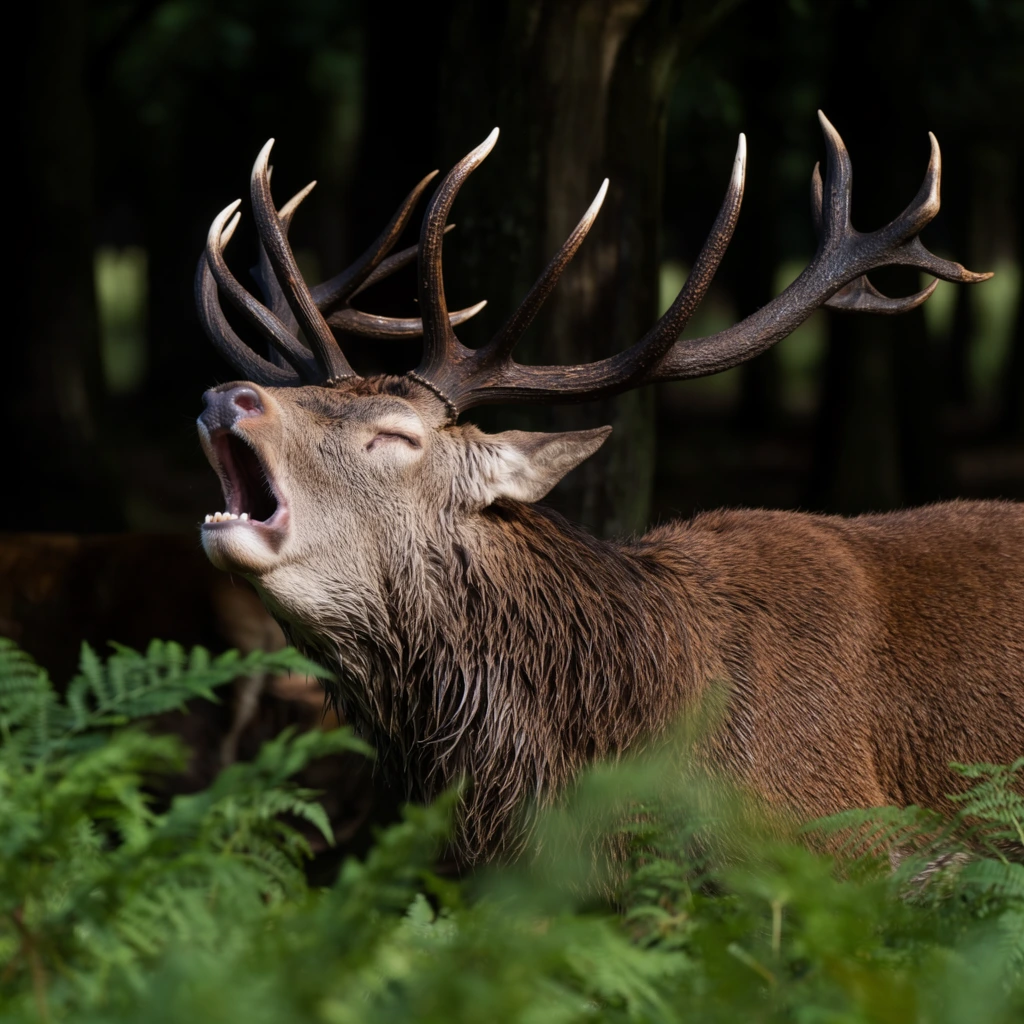 A large red deer stag bellows in a dark forest, its head tilted sharply back and mouth wide open. Prominent, multi-tined dark brown antlers with lighter tips crown its head. The stag's thick, earthy brown fur appears heavily textured and wet along its neck. Vibrant, out-of-focus green ferns fill the foreground, creating a shallow depth of field. Natural directional light sharply highlights the deer's face, partially closed eye, and exposed lower teeth against a deeply shadowed background of dark tree trunks, resulting in a high-contrast nature photograph.