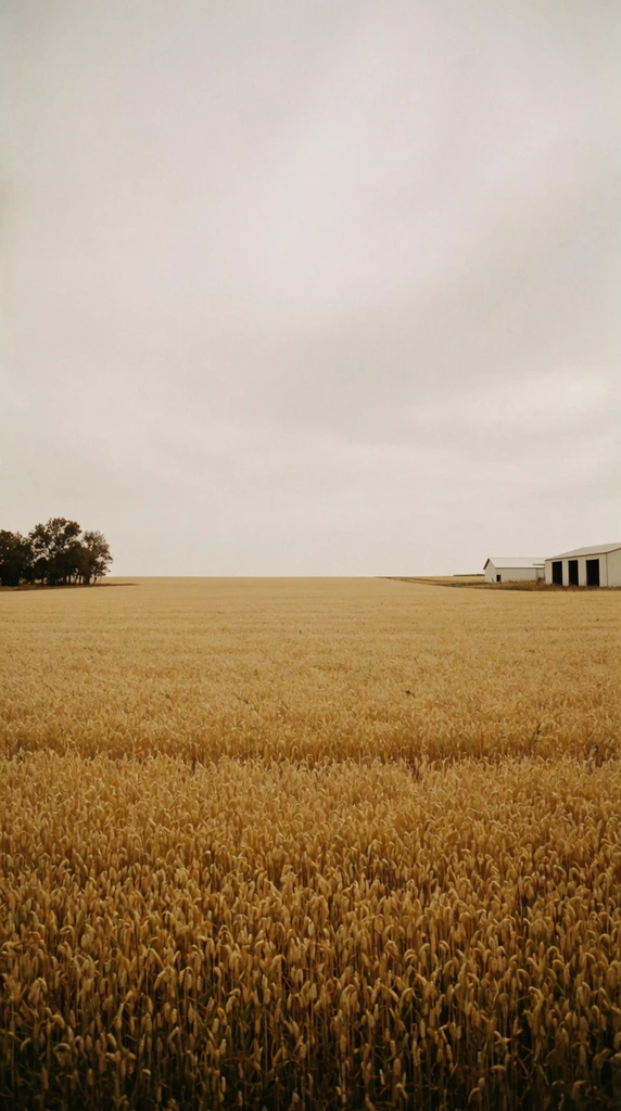 A vast field of textured golden grain stretches toward a deep horizon beneath an expansive, pale overcast sky. The minimalist, sepia-toned rural landscape is anchored by a small cluster of dark trees on the far left and stark white agricultural buildings with dark rectangular openings on the far right. Shot with a wide-angle lens, the rural scene features a faded film aesthetic, deep depth of field, and soft diffused lighting that emphasizes the flat, isolated terrain.