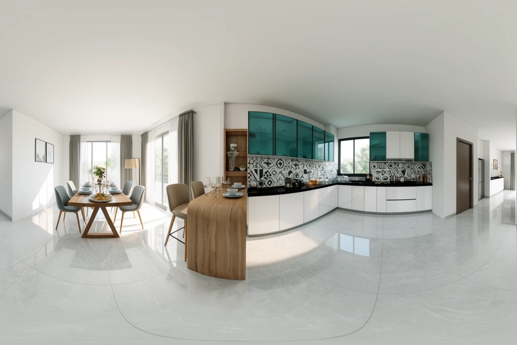 Equirectangular 360-degree panorama of a modern open-plan kitchen and dining area. The spherical distortion heavily curves the glossy light gray tiled floor and flat white ceiling. Sleek white lower cabinets with black countertops are accented by a geometric patterned backsplash, teal glass upper cabinets, and a curved wooden breakfast bar. To the left, a wood dining table on A-frame legs is set for a meal near bright windows. Natural daylight casts sharp reflections across the minimalist interior.