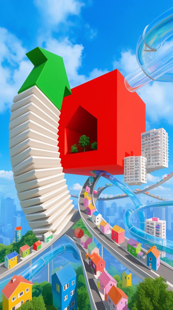 Surreal 3D cityscape, giant red cubic structure with house-shaped cutout containing tiny trees, curved accordion-like white tower ending in a large green arrow, looping grey roadways supporting small colorful houses, floating white apartment blocks, transparent blue water slide, distant hazy blue skyscrapers, bright sunny sky, vibrant pop-art colors, gravity-defying architecture