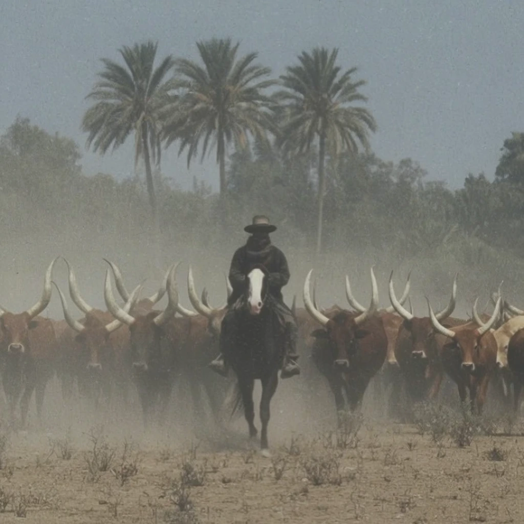 A figure rides a dark horse with a white facial blaze, leading a dense herd of long-horned cattle through a thick cloud of dust. The massive, curved white horns of the herd pierce the hazy atmosphere. The arid terrain features sparse brush, backed by tall palm trees and muted green foliage under a pale grey-blue sky. The aesthetic is vintage film with heavy grain, low contrast, desaturated earthy colors, and telephoto lens compression emphasizing the enveloping dust.