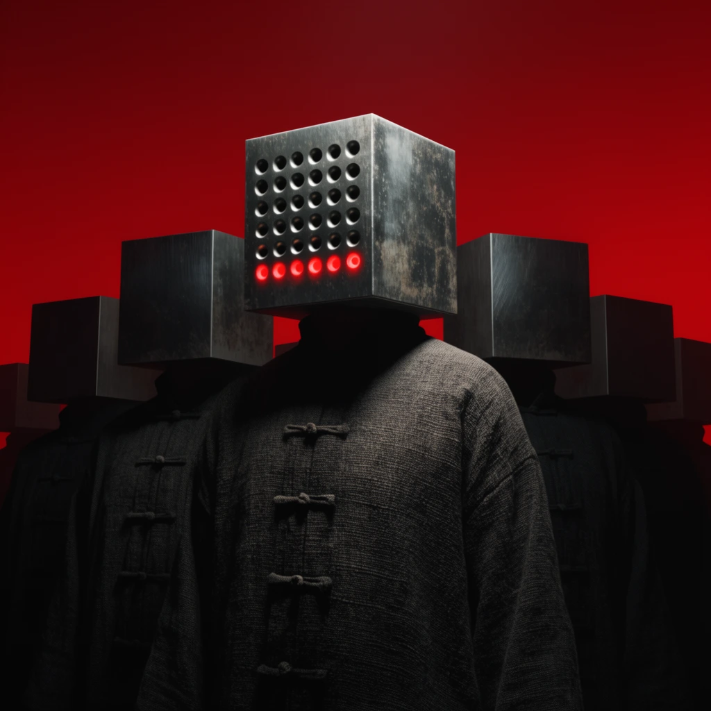 A surreal row of figures in dark, heavily textured tunics with knot buttons stands against a stark crimson background. The focal figure features a weathered metallic cube for a head, displaying a grid of circular indentations with the bottom row glowing intensely red. Identical shadowed figures with plain cube heads flank the center in a receding V-shaped formation. The cinematic render uses dramatic overhead lighting to highlight coarse fabric and brushed metal, contrasting the flat red void with deep pitch-black shadows below.
