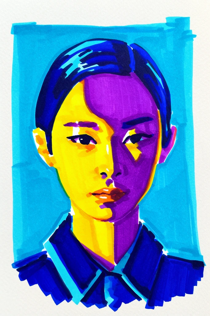 marker illustration of a person's portrait, vibrant fauvist color palette, face rendered in striking contrasting hues, bright yellow illuminating the left side of the face, deep vivid purple forming dramatic shadows on the right side and forehead, dark blue sleek hair, looking directly at viewer with a neutral expression, dark blue collared shirt with cyan accents, framed by a blocky rough-edged bright cyan rectangular background, visible broad felt-tip marker strokes, unpainted textured white paper border, high contrast pop art aesthetic, physical traditional media