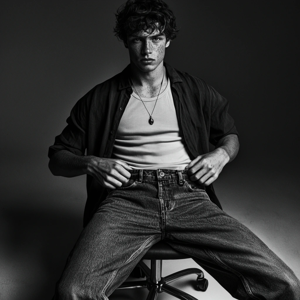 Black and white editorial portrait of a young freckled man seated on a rolling chair, intense gaze, ribbed tank top, unbuttoned shirt, denim jeans, hands at waistband, pendant necklace, minimalist studio backdrop, high contrast dramatic lighting, deep shadows, crisp fabric textures, moody photography