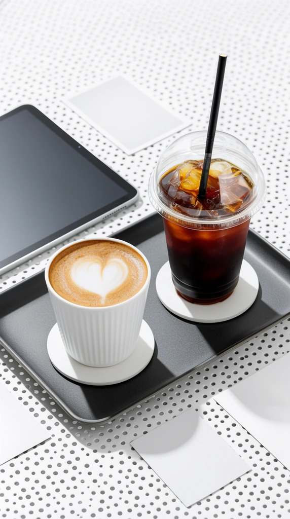 high-angle shot of a minimalist coffee arrangement, dark gray rectangular tray on a white perforated table, white ribbed ceramic cup with heart latte art, clear plastic cup with dome lid and black straw holding dark iced coffee, white coasters, sleek flat tablet, scattered minimal cards, bright stark studio lighting, crisp shadows, clean contemporary aesthetic, monochromatic palette with warm amber coffee tones, commercial photography