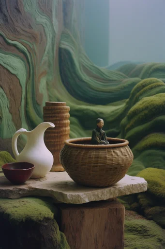 Surreal Verdant Pastoralism style reference image — sculpted agricultural terraces
