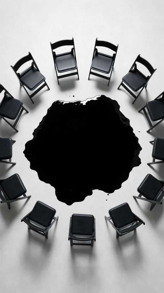 top-down view of black folding chairs in a circle, facing an irregular pool of opaque black liquid, stark pale gray floor, minimalist surrealism, high contrast, sharp focus