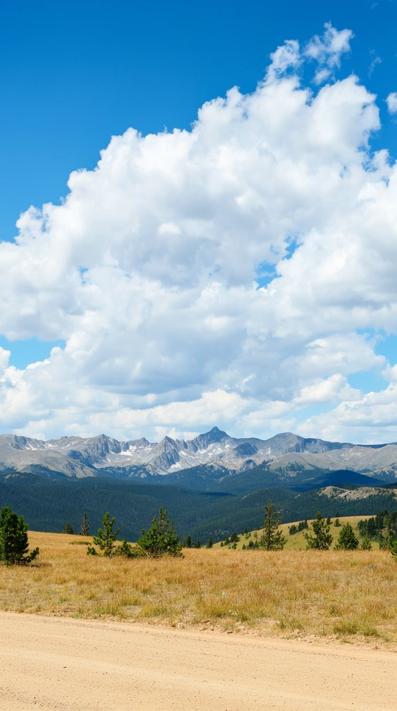 vast bright blue sky filled with massive billowing white cumulus clouds, rugged distant mountain range featuring sharp grey peaks and scattered snow patches, rolling dark green forested foothills, golden-brown dry grassy meadow in the lower foreground, scattered small green pine trees, wide tan dirt road traversing the bottom edge, vibrant natural daylight, daytime landscape photography, vertical composition, sharp focus