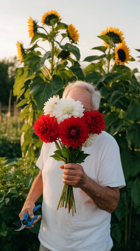 older man in white t-shirt, face completely obscured by a held bouquet of red and white dahlias, blue pruning shears in hand, tall green garden plants, sunflowers, warm golden hour sunlight, candid photography