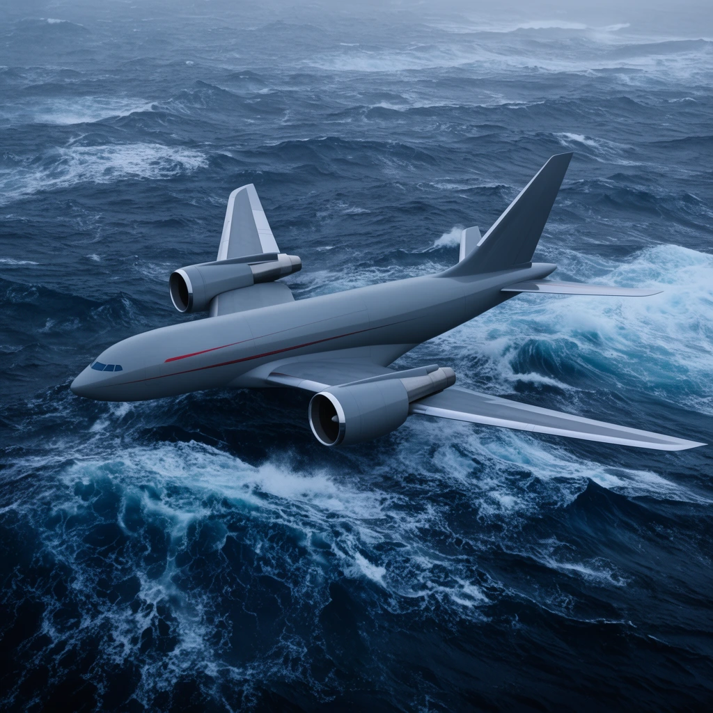 A large, grey conceptual aircraft flies low over a turbulent, dark blue ocean with whitecaps. The plane features a smooth fuselage, subtle red accent stripe, and swept wings with massive jet engines mounted on their upper surfaces. Captured from a high-angle aerial perspective, the aircraft skims just above the churning waves. The scene has cool, overcast lighting emphasizing the deep blues and stark white sea foam, rendered in a photorealistic cinematic style.