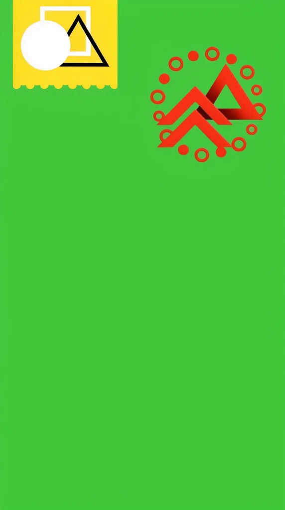 A vibrant neon green background dominates the minimalist composition. In the upper left corner, a bright yellow rectangular banner with a scalloped bottom edge encloses a solid white circle overlapping a white square alongside a black-outlined triangle. In the upper right, an abstract circular cluster of solid red dots and hollow rings orbits two interlocking red chevron and triangular forms. The wide layout features stark contrasts, flat unshaded colors, and crisp vector edges, emphasizing pure geometric shapes and intense color blocking across a predominantly empty field.