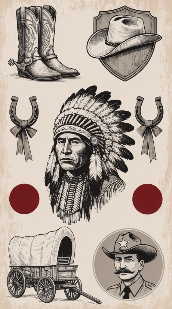central portrait of a Native American man in an intricate feathered headdress, surrounded by vintage monochrome western illustrations, detailed cowboy boots with spurs, horseshoes draped in decorative ribbons, a classic pioneer covered wagon, a cowboy hat resting on a shield, a circular portrait of a mustachioed sheriff in a star-badged hat, two solid dark red circles, black etching style with fine cross-hatching, distressed textured beige background, flat retro vector aesthetic