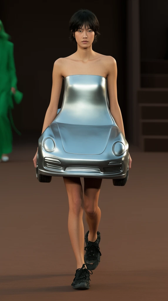 A fashion model walks a brown runway wearing a strapless, metallic silver dress sculpted into the three-dimensional shape of an automobile. The rigid garment flares at the hips, forming a distinct car hood, fenders, and wheels. She features short dark hair, a neutral expression, and distressed black sneakers. The minimalist background consists of brown tiered steps and a blurred figure in green, captured with bright, even studio lighting that accentuates the smooth, reflective fabric.