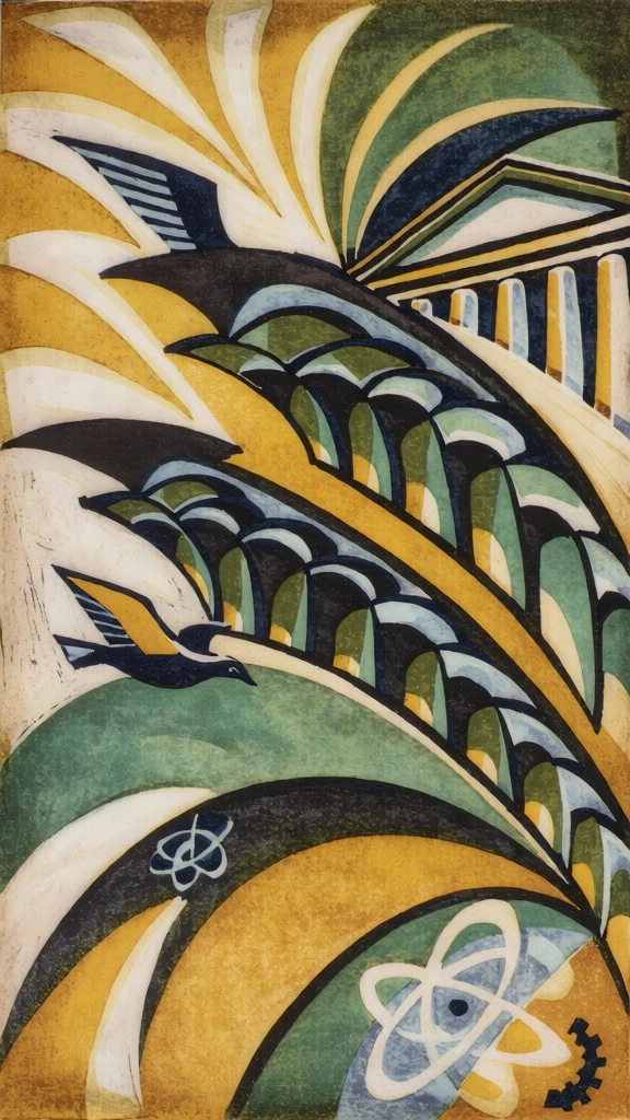 grosvenor school linocut, british futurism aesthetic, dynamic rhythmic composition of sweeping diagonal arcs and repetitive layering, stylized bird with geometric wings soaring over a classical temple facade reduced to repeating columnar motifs, interleaved with broad sweeping leaf silhouettes and abstracted science icons like atom rings and gears, muted earthy palette of mustard yellow, sage green, deep indigo and bone white, stippled ink texture with translucent hand-printed grain.
