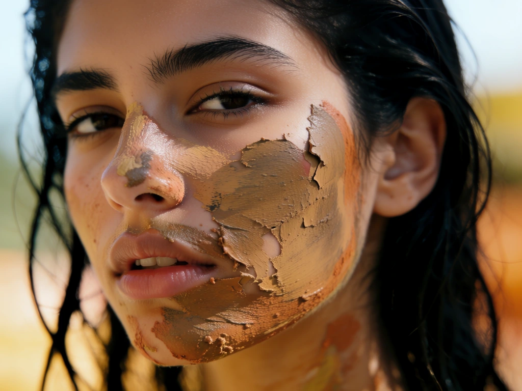 sunlit close-up portrait with cheek paint, editorial photography, warm earthy moody vibe