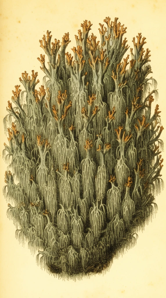 A dense, branching coral-like fungus with drooping, fine needle-like spines in muted grey-green and brownish-orange tips. Rendered with precise cross-hatching against an aged pale yellow background in a vintage scientific botanical illustration style.