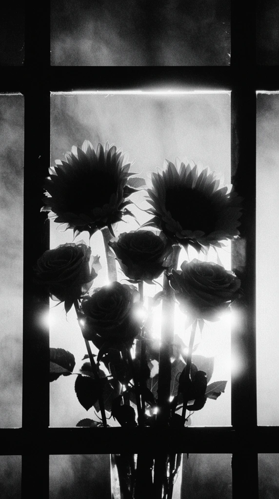 A bouquet of three sunflowers and three roses rendered in extreme high-contrast monochromatic film photography, framed by a rigid grid of solid black foreground structural silhouettes. The flowers stand out as stark, monumental dark figures against a dense, luminous atmospheric fog. Blinding, halated backlighting creates deep shadows across the large sunflower discs and tightly coiled rose blossoms, with intense, concentrated beams of bright white light bleeding around the petal edges and piercing through the gaps between the dark stems. Deep cinematic chiaroscuro defines the composition, featuring pure saturated blacks, blown-out brilliant whites, and heavy vintage film grain. The radiant, hazy background glow creates a striking, graphic contrast with the imposing botanical shapes and the heavy vertical and horizontal framing elements dominating the extreme foreground.