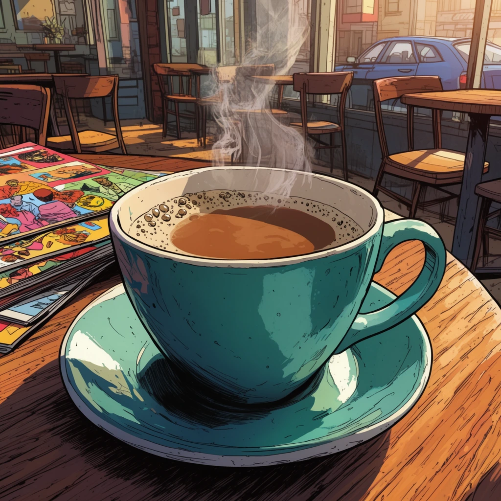 teal ceramic coffee cup on a matching saucer filled with steaming brown beverage, delicate wisps of steam and small bubbles at the edge, resting on a textured wooden table beside a stack of brightly colored illustrated magazines, warm sunlit cafe interior background, empty chairs and tables, large windows showing a parked blue car, comic book illustration style, precise black line art, heavy inking, cel-shaded coloring, dramatic cast shadows, warm cinematic sunlight, close-up perspective