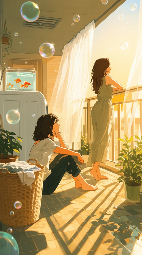 Two women relax on a sun-drenched balcony during golden hour in a serene digital illustration. One sits barefoot on the tiled floor gazing at her companion, who leans against the railing overlooking the warm light. The space is filled with domestic details: a washing machine topped with a goldfish tank, a wicker laundry basket, potted plants, and billowing sheer white curtains. Translucent soap bubbles drift through the air, catching the intense sunlight that casts long, geometric shadows across the shaded tiles.