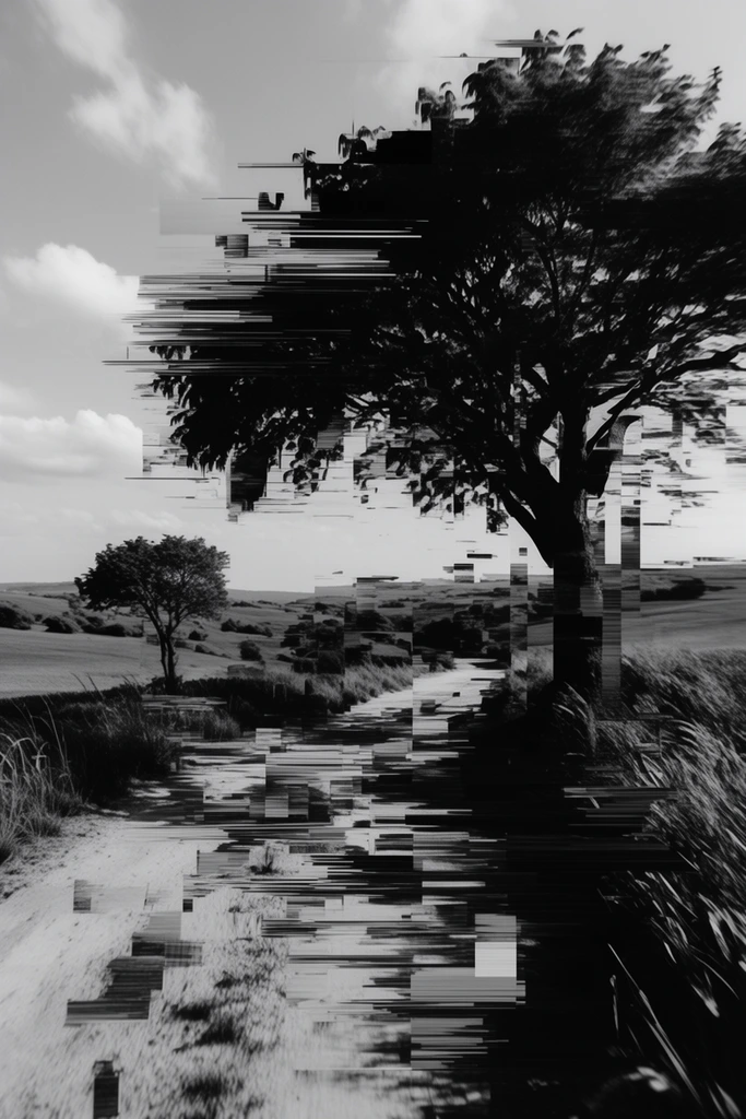 Monochrome Glitch Noir style AI image example 2
