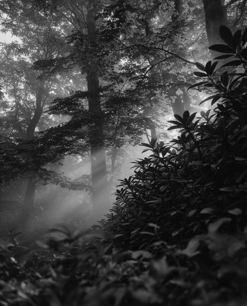 dense atmospheric forest, black and white photography, monochromatic, high contrast, moody cinematic lighting, sunlight filtering through thick canopy, god rays cutting through light mist, foreground dominated by dark broad-leaved shrubs on the right, blurred foliage at the bottom, thick tree trunks rising in the midground, layered leaves silhouetted against a bright sky, soft glowing background, deep shadows, ethereal natural environment, low angle perspective
