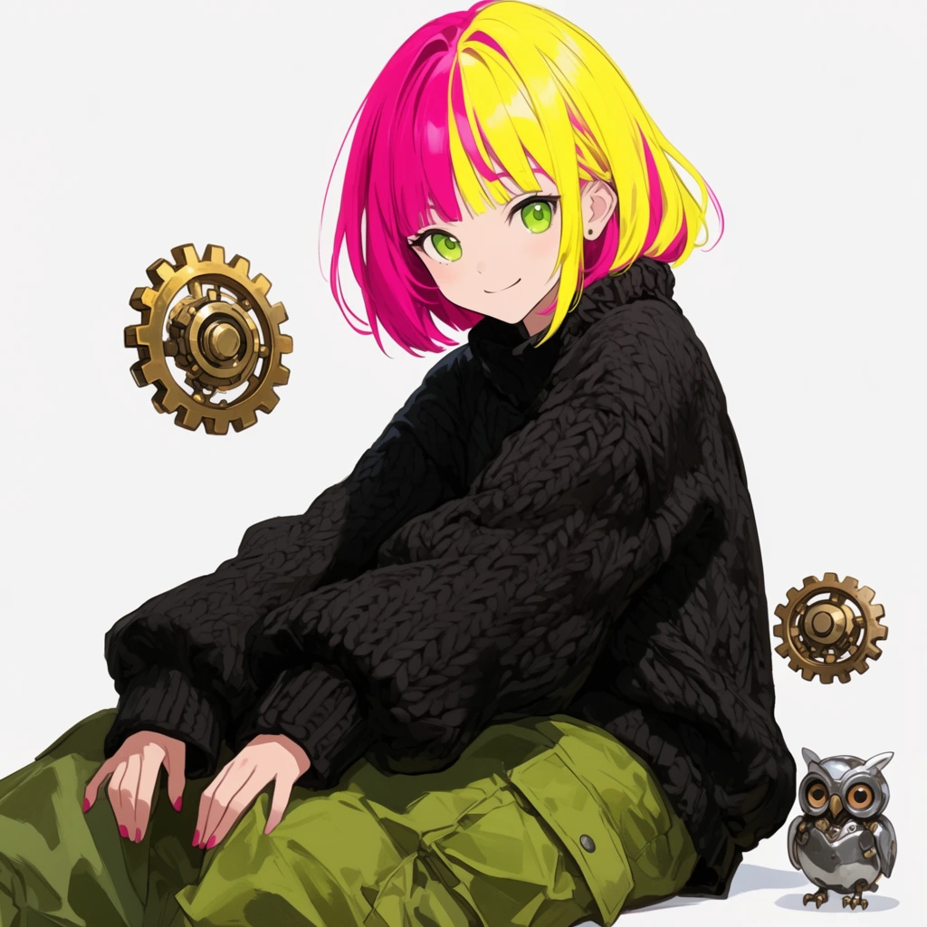 Anime-style illustration of a girl sitting against a stark white background. She features vivid magenta and yellow split-colored bob hair and bright green eyes. She wears a chunky oversized knitted black sweater paired with olive green cargo pants. Beside her rest three small mechanical companions: two hovering brass gears and a tiny metallic owl. The girl smiles gently, leaning forward with hands resting on her legs. Bright flat lighting emphasizes crisp cel-shaded coloring and soft gradients highlighting a futuristic streetwear aesthetic without background clutter.