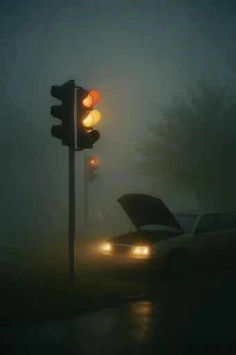 Cinematic Liminal Fog style reference image — wet reflective surfaces