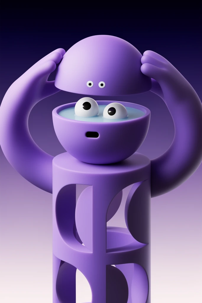smooth purple 3D character lifting the top dome of its head featuring tiny dot eyes, lower head forming a bowl of pale blue liquid with two large floating eyeballs, tiny black open mouth, cylindrical torso with large alternating semi-circular cutouts, matte texture, soft lighting, dark indigo to pale lilac gradient background