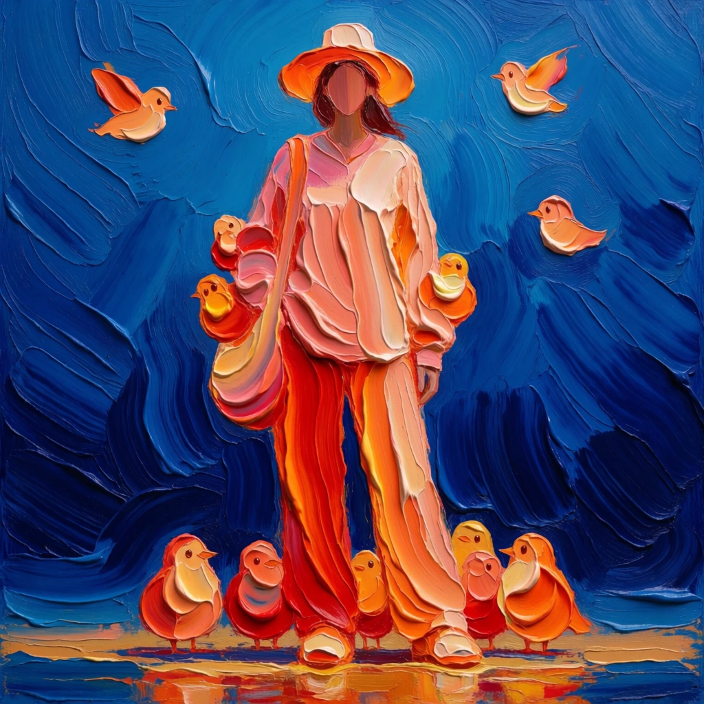 heavy impasto oil painting, thick sculptural ridges and rhythmic parallel grooves, palette knife technique on canvas, expressionistic silhouette of a woman in a hat, shirt, pants, and shoulder bag on a reflective surface, eight round birds at her boots, birds in her sleeves, four birds flying, vibrant ultramarine and cobalt blue environment, glowing neon salmon and peach highlights, high-contrast nocturnal atmosphere, tactile directional brushwork, luminous amber reflections