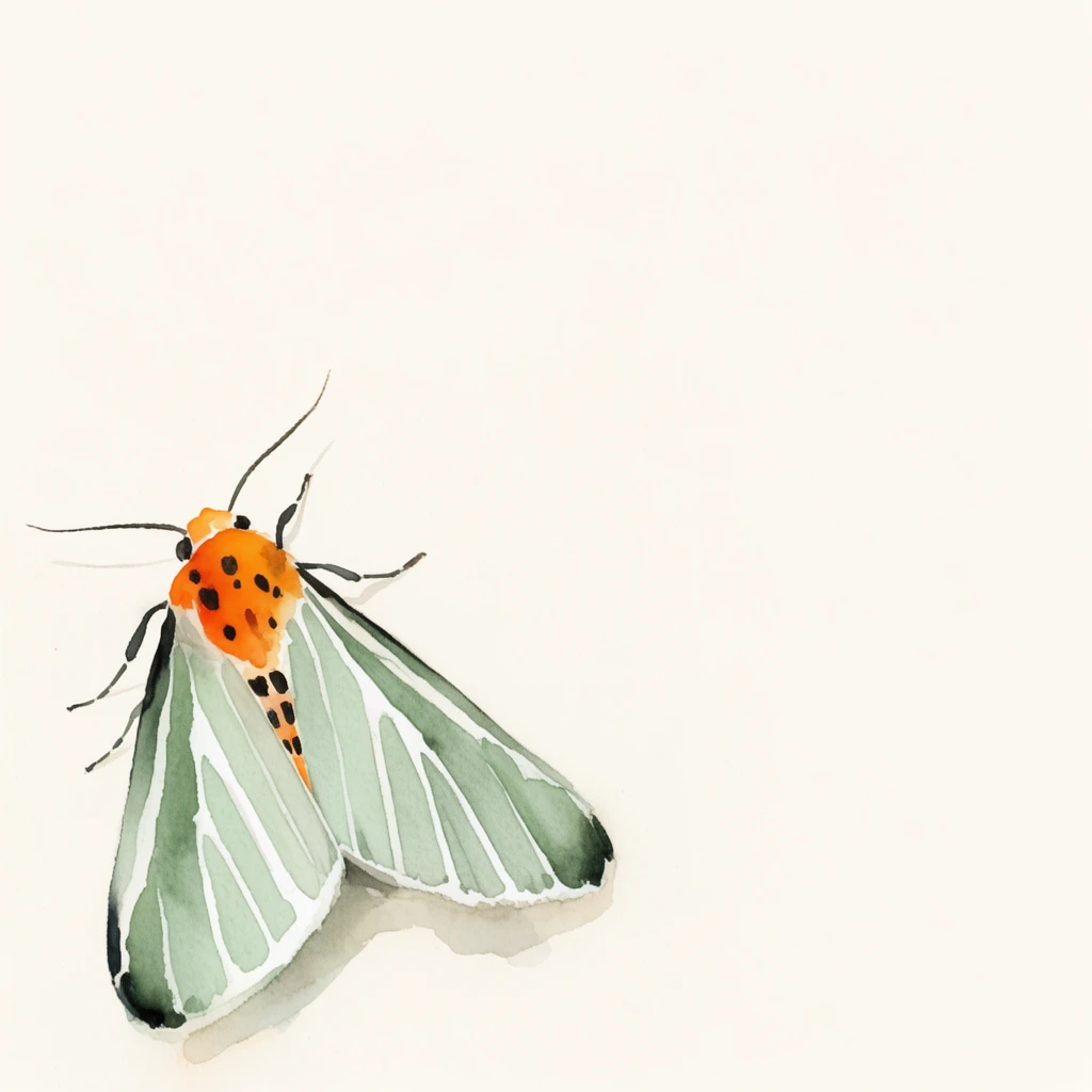 watercolor illustration of a moth in the lower left corner, bright orange thorax with black spots, pale sage green wings with distinct white stripes and dark edges, delicate black antennae and legs, expansive off-white negative space, subtle cast shadow, minimalist botanical art style, airy