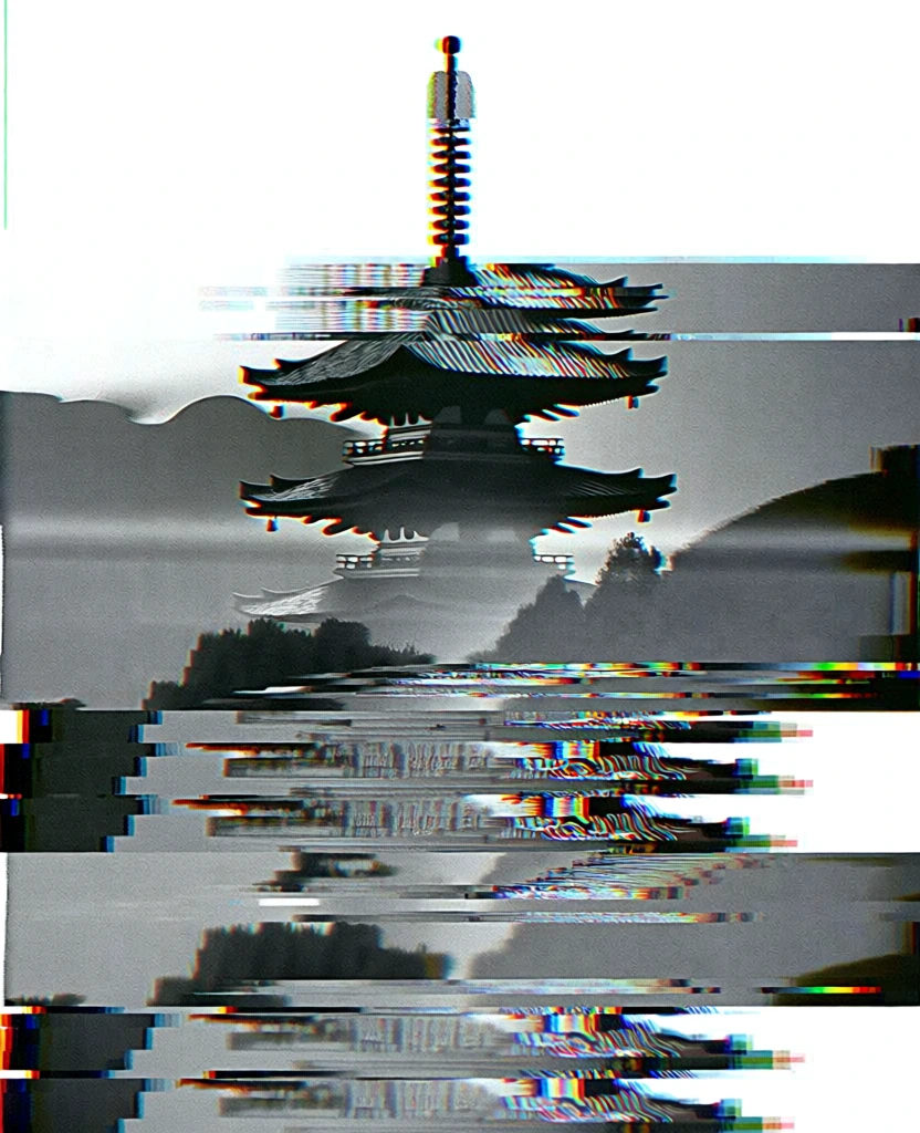 cinematic black and white photograph of a pagoda rising above trees, heavy analog glitch aesthetic, horizontal digital distortion, vhs tracking errors, chromatic aberration with red and blue color fringing, scanlines, grainy film texture, repetitive stuttering layers of the pagoda and foliage, distorted horizontal slices, retro-tech low-fi atmosphere, moody lighting, centered composition, high contrast, dreamlike digital decay, flickering artifacts, repetitive distorted text overlays.