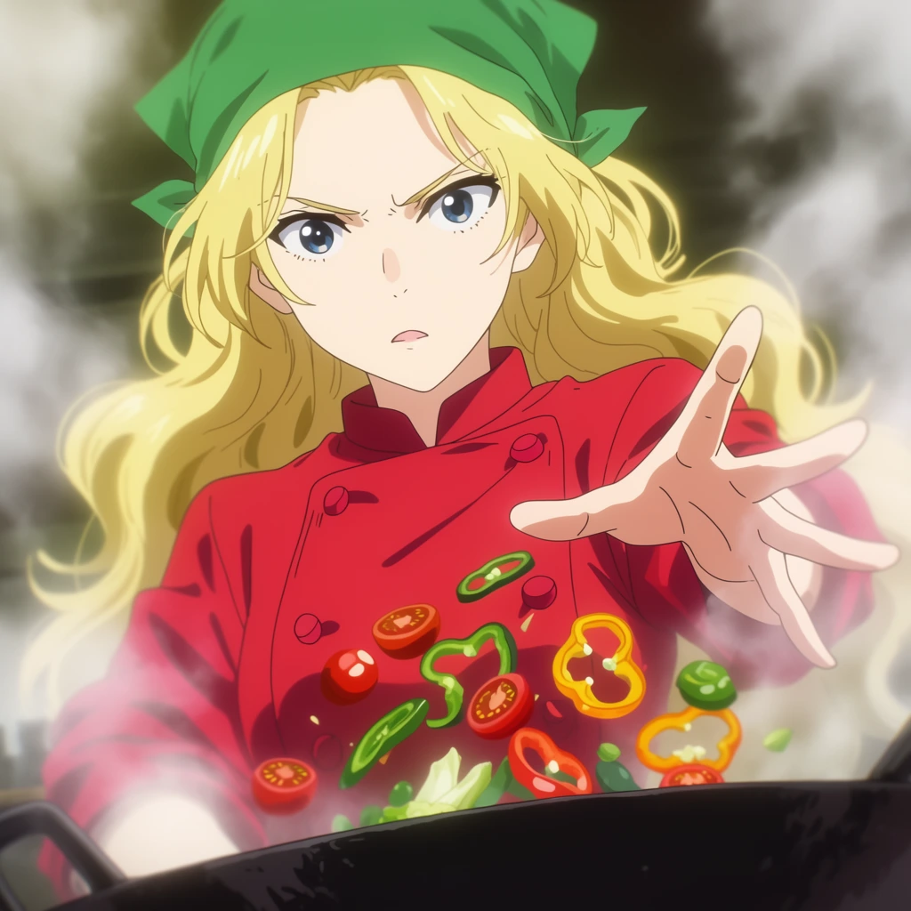 young female anime chef tossing bright vegetables over a steaming wok, woman with long wavy blonde hair, green bandana, bright red chef coat, intense focused expression, left hand extended with spread fingers, dynamically floating sliced bell peppers and cherry tomatoes suspended in mid-air, thick white steam billowing upwards, dark cast-iron wok edge at the bottom, 2D anime art style, dynamic action framing, soft glowing bloom effect, vivid color palette, cinematic lighting