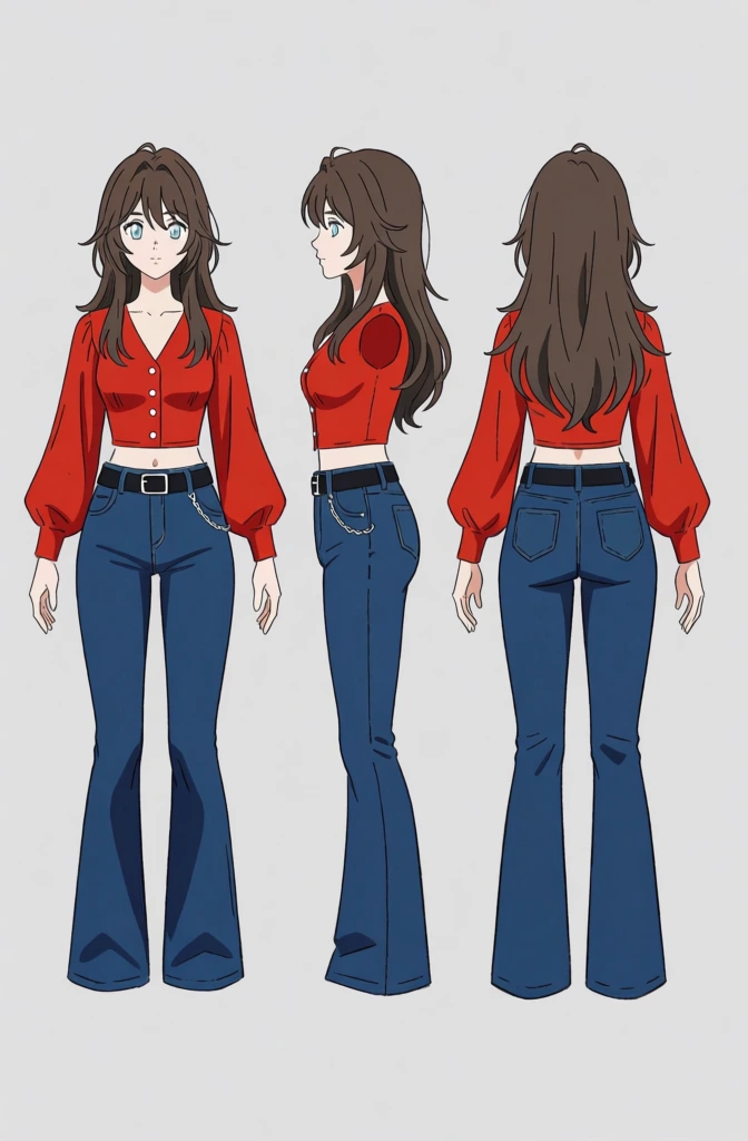 A character design sheet features three full-body views of a young woman with long, layered brown hair and pale skin against a neutral light gray background. In the front-facing view on the left, she has large, light blue eyes and wears a vibrant red, long-sleeved cropped blouse with a V-neckline, white buttons, and voluminous sleeves that gather at the wrists. Her attire includes dark blue flared jeans cinched with a black belt featuring a silver rectangular buckle and a small silver chain detail hanging from the hip. The center profile view shows her from the left side, highlighting the curve of her hair and the silhouette of her flared trousers. The rightmost back view displays the length of her hair and the structure of the red blouse and denim from behind. Each figure stands in a neutral posture with arms slightly away from the body, and the overall artistic style is a clean 2D anime illustration with thin black outlines and simple cel-shading. The composition is a standard character reference layout, presenting the subject in a flat, front-lit perspective to showcase her outfit and features from multiple angles.