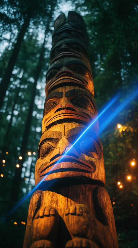 A carved wooden totem pole with stacked stylized faces glows under warm golden light against a dense dark green forest. A striking diagonal blue lens flare cuts sharply across the textured wood. The shallow depth of field blurs the tall background trees and scattered warm glowing bokeh spots, captured from a dramatic low angle.