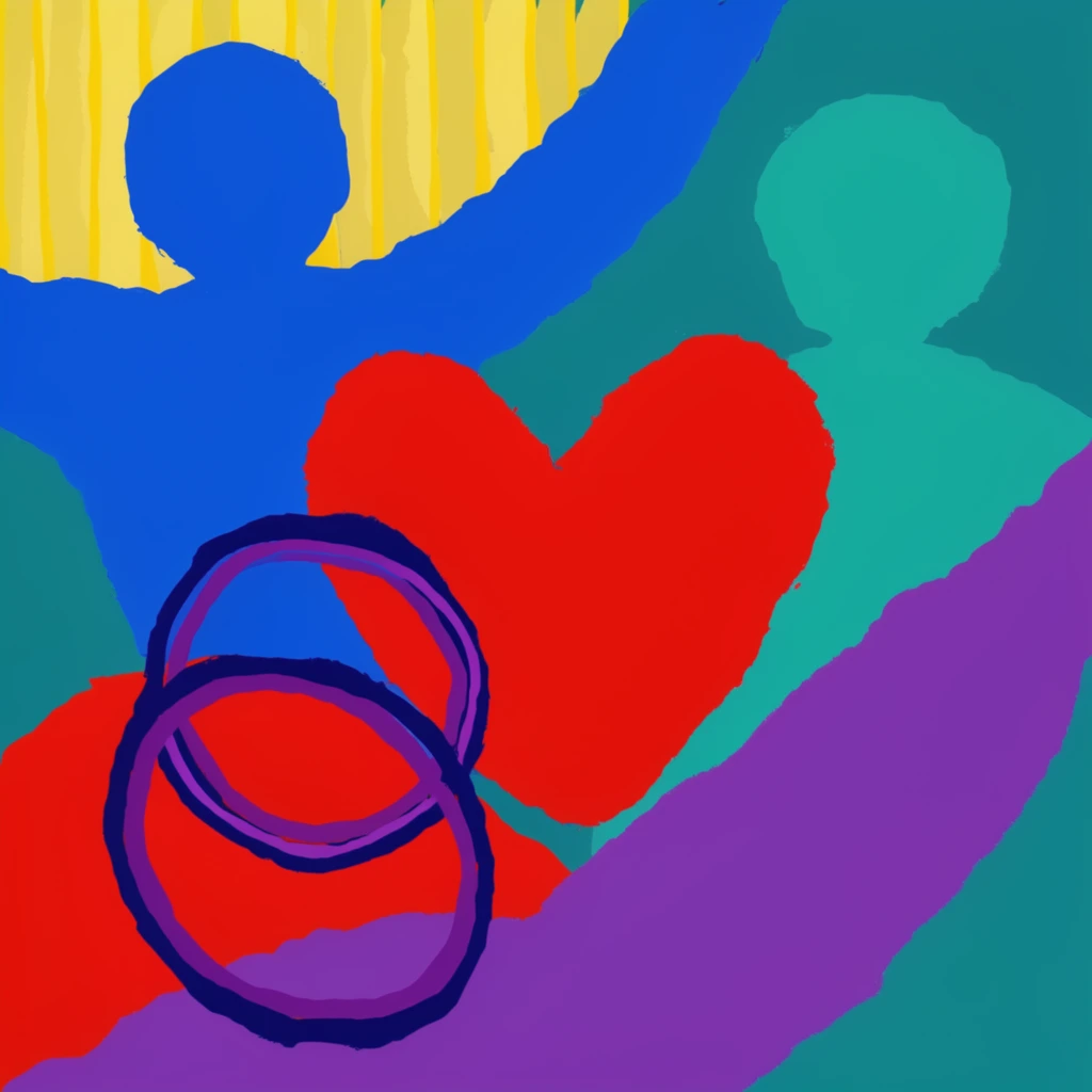 abstract digital illustration of stylized human silhouettes surrounding a central red heart, flat graphic style with bold overlapping shapes, rough uneven edges resembling paint strokes, blue figure with outstretched arms in upper left, teal figure in upper right, purple sweeping shape from bottom right, red shape from bottom left, dark blue and purple outlined circles overlaid on the lower forms, solid teal background with yellow vertical stripes in upper left corner, vibrant primary colors, simplistic naive art design