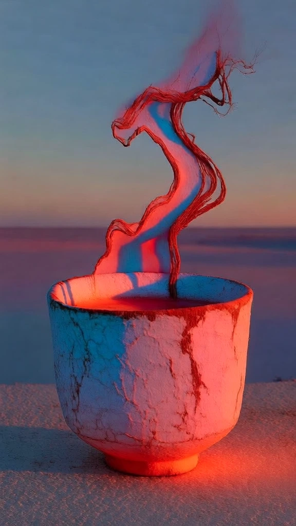minimalist centered composition of a weathered matte ceramic cup filled with liquid, ethereal plumes of vapor rising in wispy organic trails, dramatic high-contrast split lighting with intense glowing neon red-orange light from the side and deep cerulean blue shadows, grainy tactile surface textures, isolated on a flat plane against a vast horizon under a gradient dusk sky, surreal cinematic aesthetic, sharp focus with rich saturation and soft atmospheric depth.