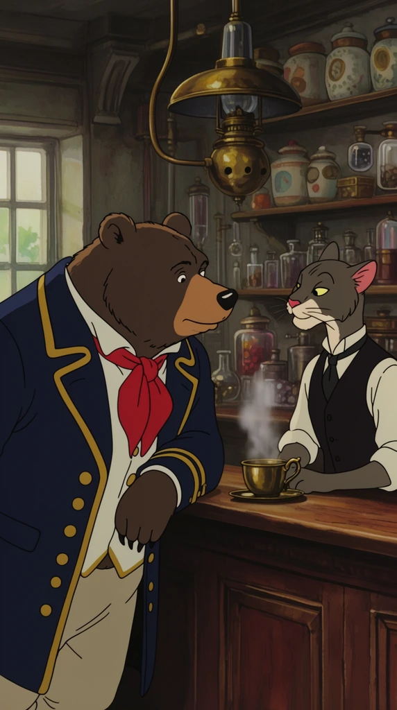 traditional 2D animation frame, anthropomorphic burly bear wearing a navy blue naval coat and red cravat, leaning on a wooden counter, conversing with a slender feline bartender in a dark vest, steaming brass teacup on the bar, steampunk tea room interior, brass hanging gas lamp overhead, background shelves lined with ceramic jars and glass vials, window on the left with soft daylight, warm muted colors, vintage cinematic composition, medium shot