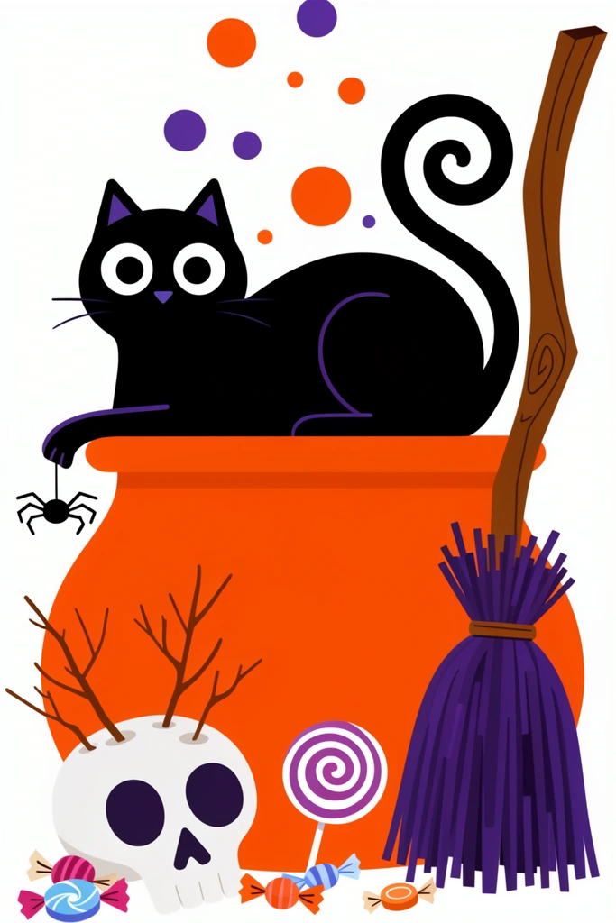 Black cat with wide eyes and spiraling tail resting on a large bright orange cauldron, dangling small black spider, stylized white skull with bare brown branches, crooked wooden broom with purple bristles, scattered candies and swirl lollipop, floating orange and purple bubbles, flat vector illustration, whimsical spooky aesthetic, bold solid colors, crisp edges, isolated on white background