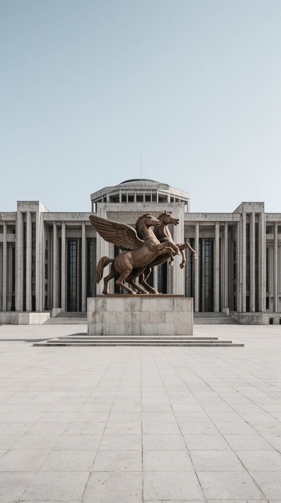 A colossal bronze statue of two rearing winged horses stands on a massive stone plinth in the center of a vast, empty paved plaza. Behind the monument rises a sprawling, symmetrical brutalist building featuring repeating vertical stone columns, dark recessed windows, and a central domed roof structure. The scene is captured in a stark architectural photography style under a clear pale blue sky, emphasizing monumental scale and austere grandeur through a wide frontal perspective, deep depth of field, and a muted color palette of light grays, warm bronzes, and cool blues.