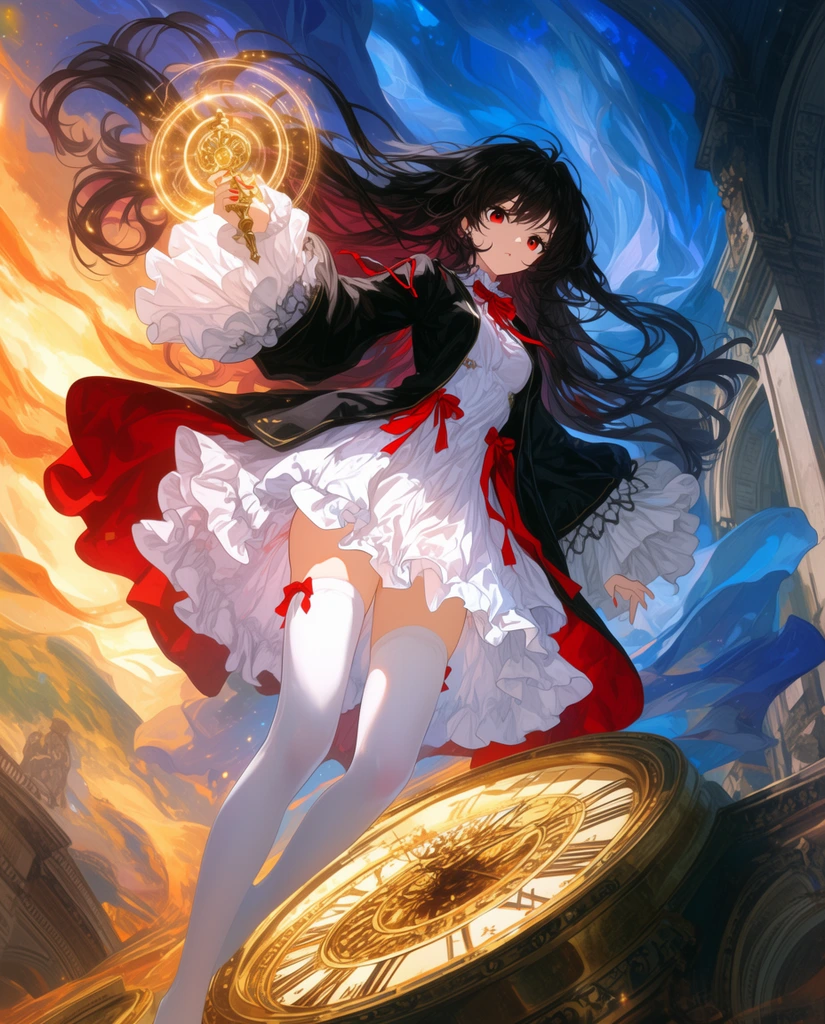 anime-style illustration, young woman floating in a surreal dreamscape, long dark hair billowing dynamically, red eyes, white ruffled dress with red ribbon accents, black jacket with wide white ruffled sleeves and red lining, white thigh-high stockings, right hand holding a glowing golden magical artifact emitting luminous circles, dynamic low-angle perspective, massive golden clock face angled beneath her feet, stone architectural arches on the right, ethereal flowing blue fabric merging with the sky, dramatic lighting contrasting warm golden orange hues on the left with cool deep blues on the right, highly detailed, vibrant color palette, fantasy aesthetic, complex flowing fabrics