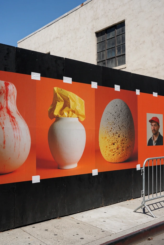 A stark black temporary wall anchors a sunlit street scene, displaying a vibrant orange multi-paneled graphic. The bright orange panels feature inset visuals: a bulbous pale form with red streaks, a white ceramic vessel topped with crumpled yellow material, a textured grey and porous yellow rounded mass, and a small portrait of a man in a red cap. Small white adhesive squares affix the graphic to the dark wall. Behind it stands an off-white stucco building with a multi-paned dark window under a clear blue sky, next to a concrete sidewalk and a short silver metal barrier.