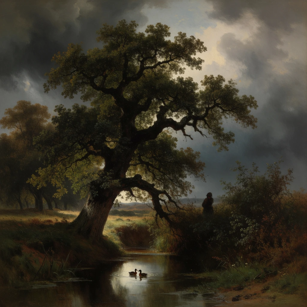 A classical oil painting of a massive, gnarled oak tree leaning over a narrow stream under dramatic storm clouds. Two small ducks swim in the reflective water while a silhouetted figure stands among dense bushes on the right bank. The moody landscape features chiaroscuro lighting and an atmospheric palette of deep greens, browns, and grays.